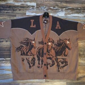 DRESSED IN LALA 'Karma' Horse Pattern Brown Cardigan Sweater